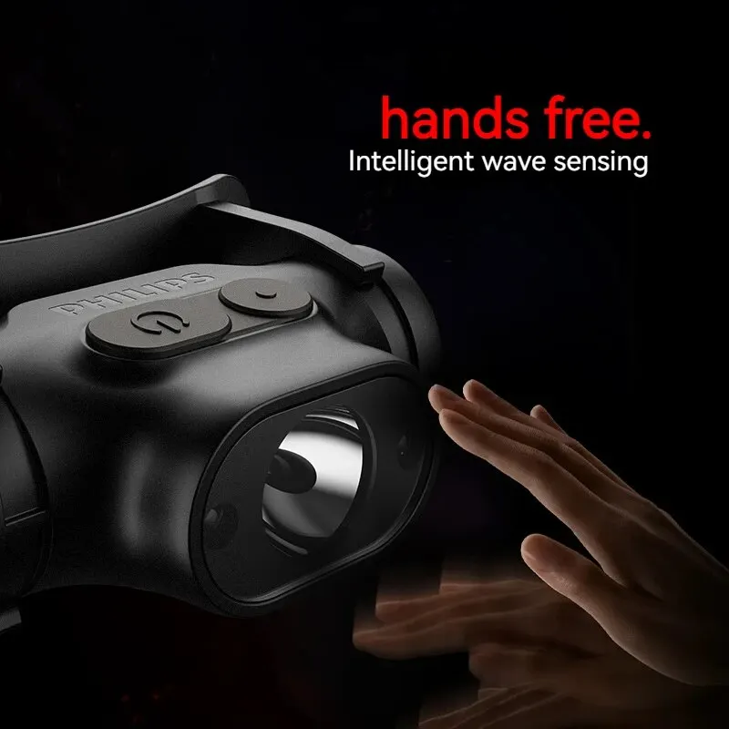 Philips-linterna frontal LED con Sensor, iluminación tipo C, recargable, para acampar al aire libre, pesca
