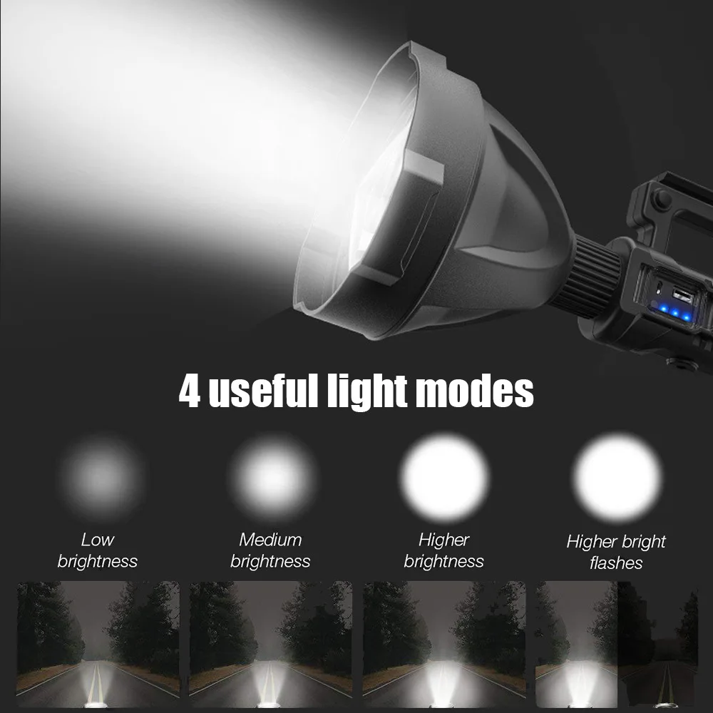 Potente linterna LED portátil, soporte montable, reflector de mano, foco recargable por USB, luz de antorcha impermeable