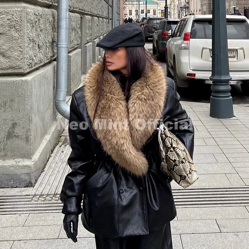 Abrigo Largo de Cuero Sintético Negro de Diseño de Moda de Marca de Lujo Neo Mint para Mujer, Chaqueta de Cuero PU Extra Grande con Cuello de Piel Desmontable