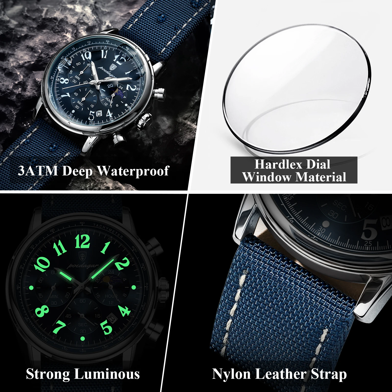 POEDAGAR, reloj militar deportivo de lujo para hombre, cronógrafo luminoso resistente al agua, reloj de pulsera de cuero de nailon con fecha para hombre, relojes de cuarzo para hombre
