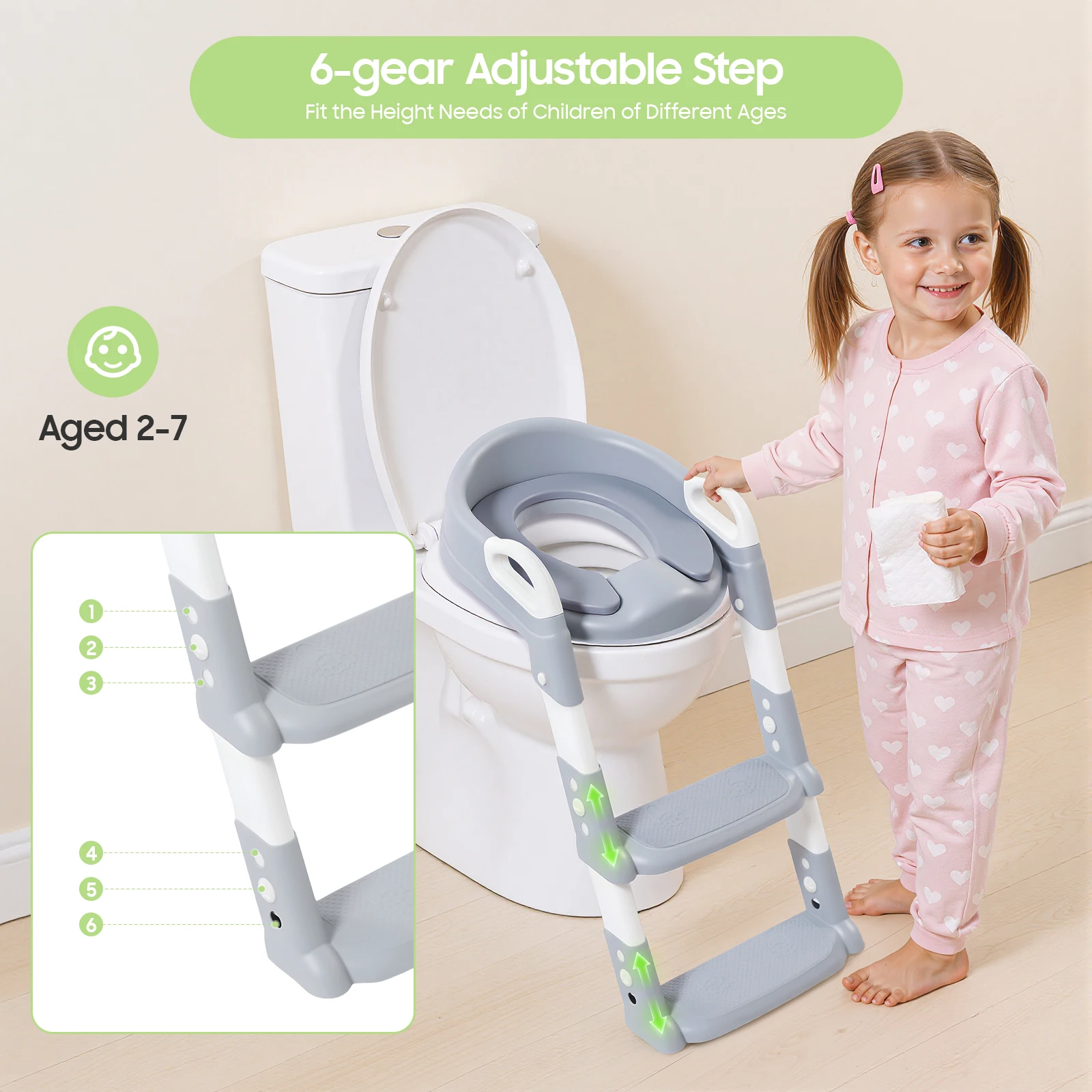 Asiento de Inodoro Plegable para Niños con Escalón, Asiento de Inodoro Ajustable de 6 Niveles para Niños Pequeños con Pedales Antideslizantes para Inodoros en Forma de V/U/O