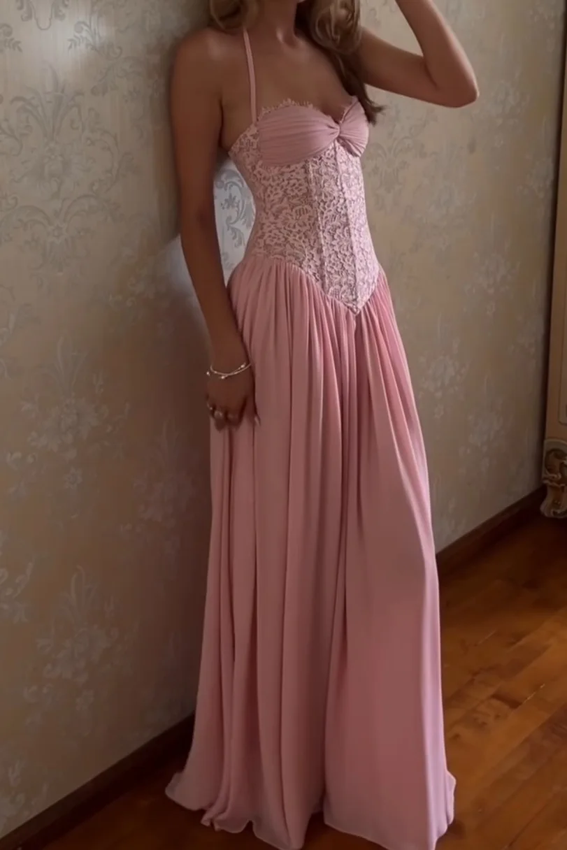 Vestido Largo Elegante de Gasa con Cuello Halter para Mujer, Vestidos Maxi Plisados con Corsé de Lujo, Vestidos Formales para Fiesta de Noche, Invitadas de Boda, Bailes de Graduación 2026