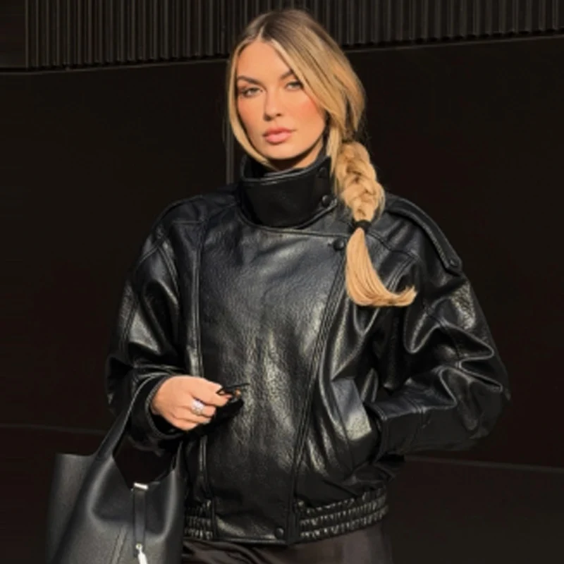 HXAO, recién llegado, chaqueta Bomber para mujer, chaquetas negras de cuero, prendas de vestir exteriores recortadas de gran tamaño, abrigos de manga larga con cremallera, chaqueta para exteriores