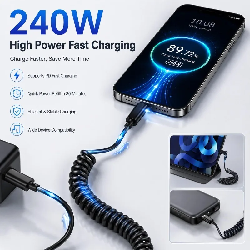 Cable de datos extensible de 240W con resorte corto, USB A a Tipo C, cable de carga rápida para iPhone, Samsung, Huawei, cable cargador de teléfono.