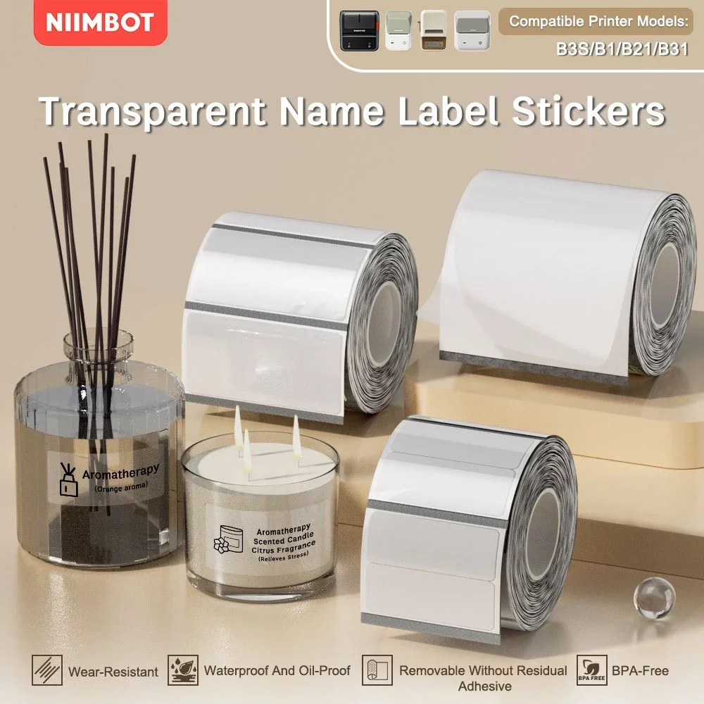 NIIMBOT B21/B1/B3s papel de impresión de etiquetas transparente pegatina de nombre círculo impermeable/papel de etiquetas térmicas cuadradas