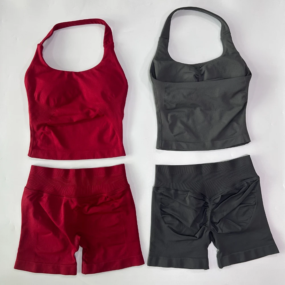 Conjunto de gimnasio de 2 piezas sin logotipo para mujer, Tops con cuello Halter y espalda descubierta, pantalones cortos sin costuras de cintura alta, traje de gimnasio, ropa deportiva, conjuntos de entrenamiento