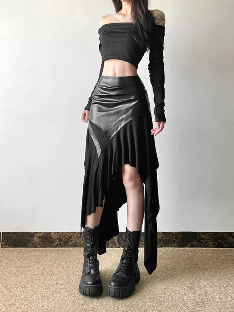 AltGoth-falda Harajuku Cyber Punk para mujer, ropa de calle gótica de Academia oscura, nueva moda Y2k, falda Irregular de cintura alta de retazos de Pu