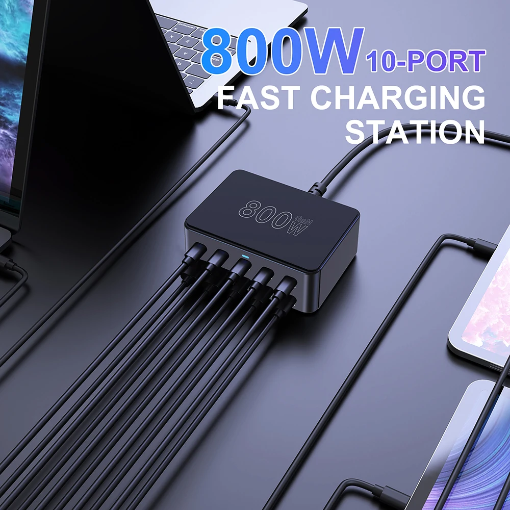 Cargador GaN USB C de 800W, estación de carga rápida de 10 puertos PD3.0 PPS QC3.0 de 100W para iPhone 16/15 Samsung MacBook Pro, ordenadores portátiles y tabletas