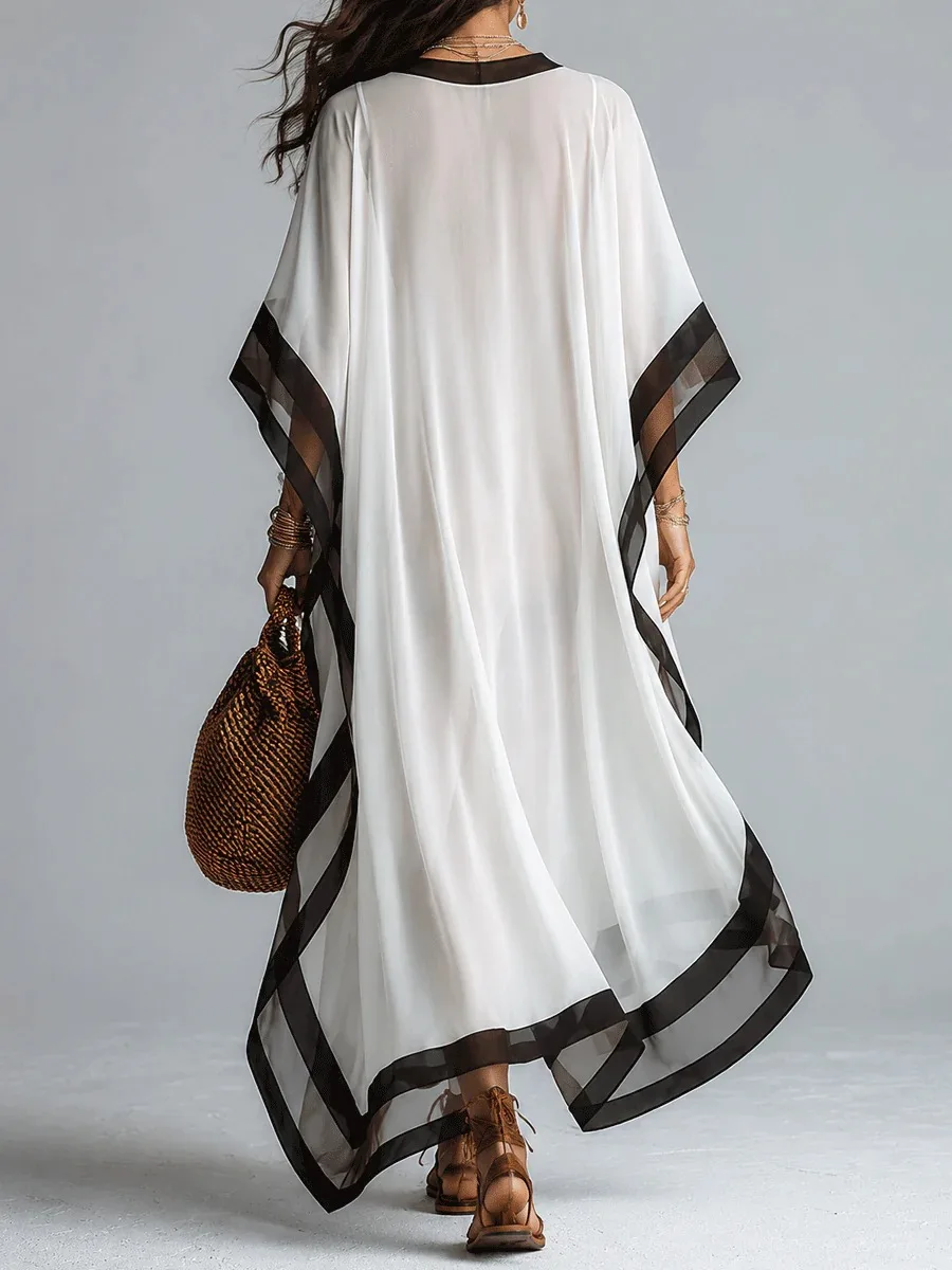 Vestido Maxi Kaftán para Mujer con Ribete en Contraste Blanco y Negro, Cuello en V, Manga Murciélago, Holgado, de Gasa, Largo, para Playa, Vacaciones, Casual