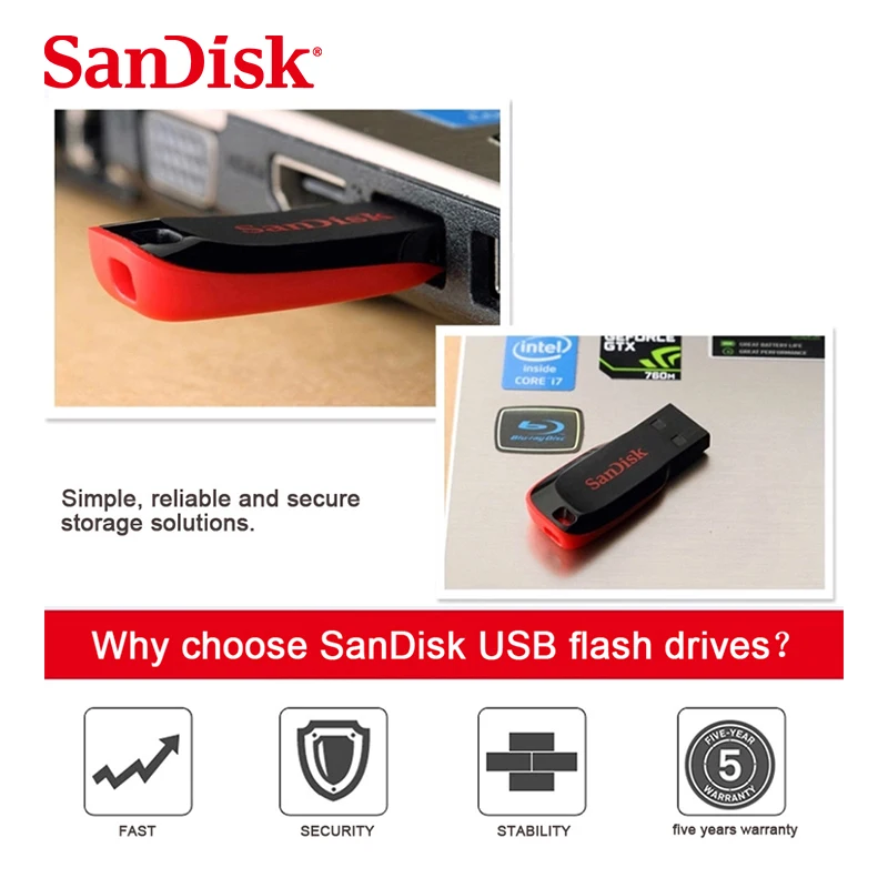 SanDisk CZ50 USB2.0 Pendrive 32GB 16GB 64GB unidad Flash USB Pen Drive U disco Mini unidad Flash Cruzer Blade 100% Original