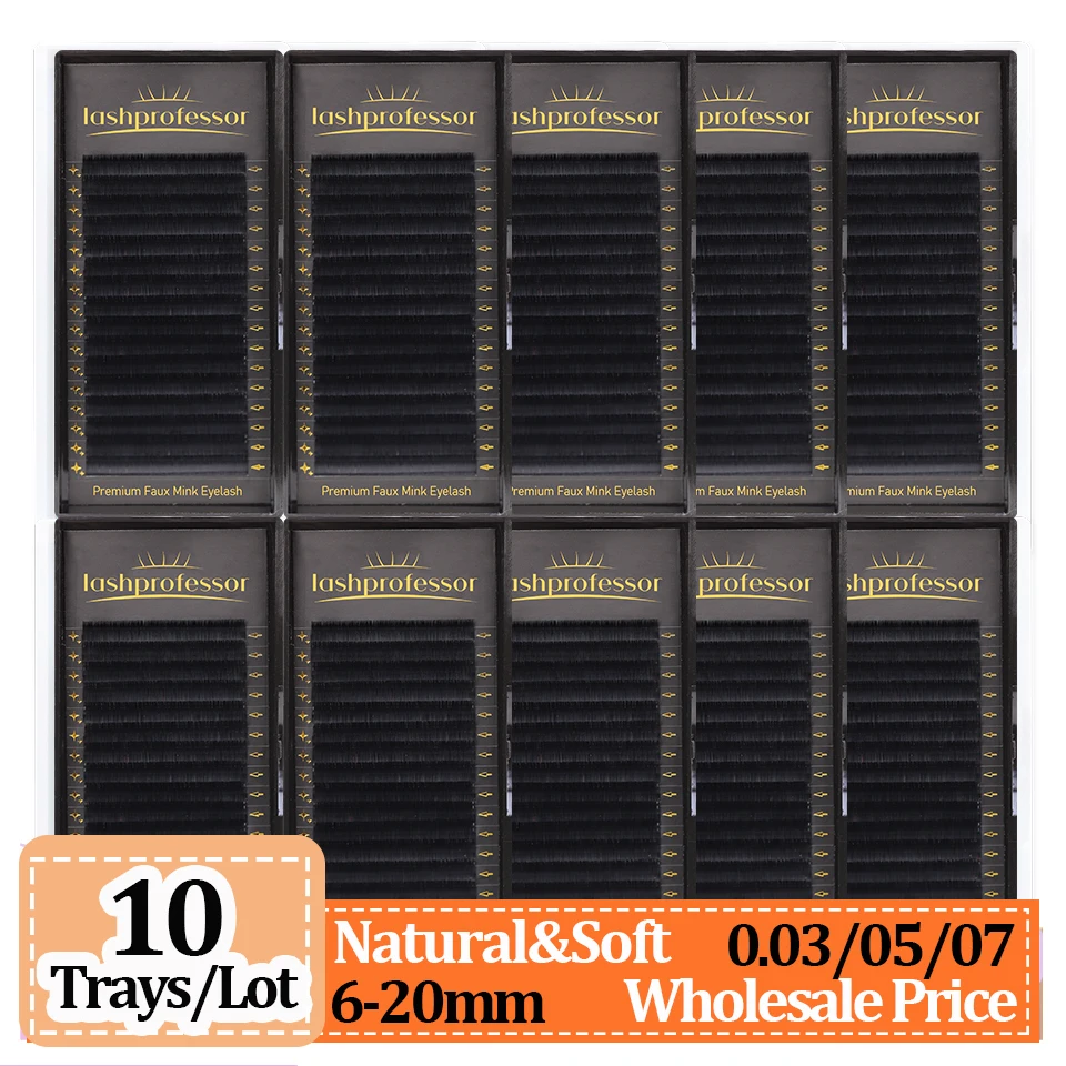 Lote de 10 Bandejas de Extensiones de Pestañas de Cachemira, 5-25mm, Negro Mate, Pestañas Individuales de Volumen 0.03 0.05 0.07 0.10, Extensiones de Pestañas de Visón Sintético
