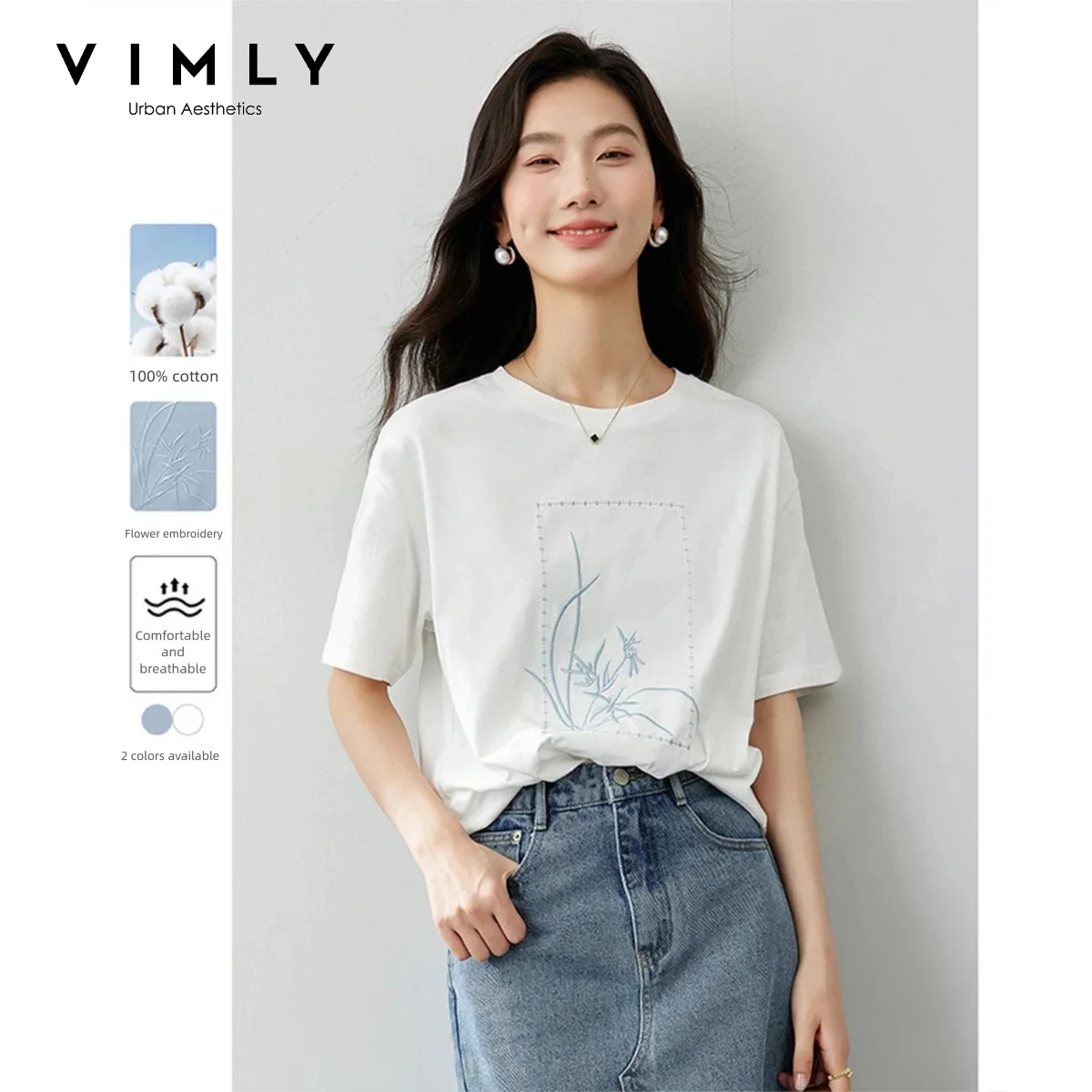 VIMLY-Camiseta blanca de algodón bordada de estilo chino para mujer, camisetas de manga corta, camisetas holgadas y versátiles, nuevas camisetas de verano para mujer M6911