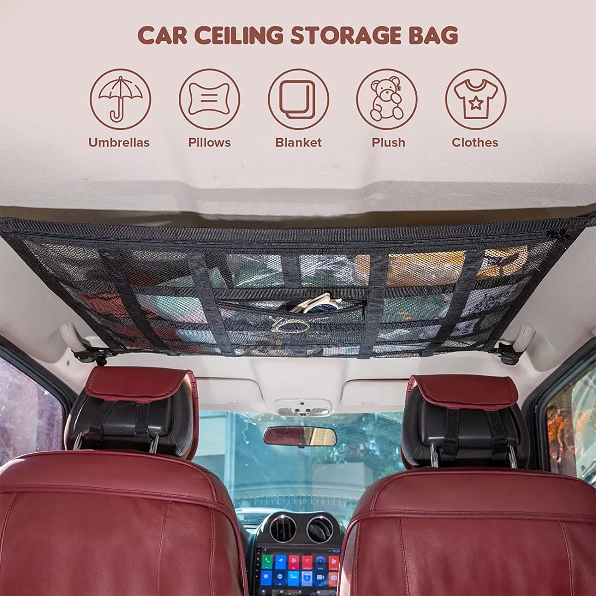 Bolsa de red fuerte para coche, malla con soporte de carga, capacidad de almacenamiento para techo de coche, organizador de accesorios para automóvil, gran viaje, ahorro de espacio