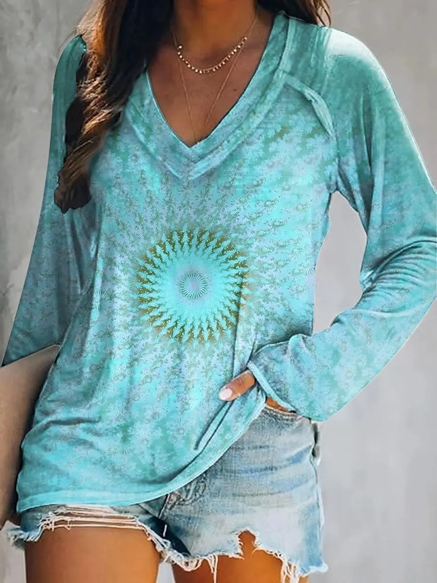 Camiseta elegante de manga larga con estampado vintage y cuello en V para mujer, poliéster suave, ideal para otoño e invierno, ropa informal, Top con estampado floral