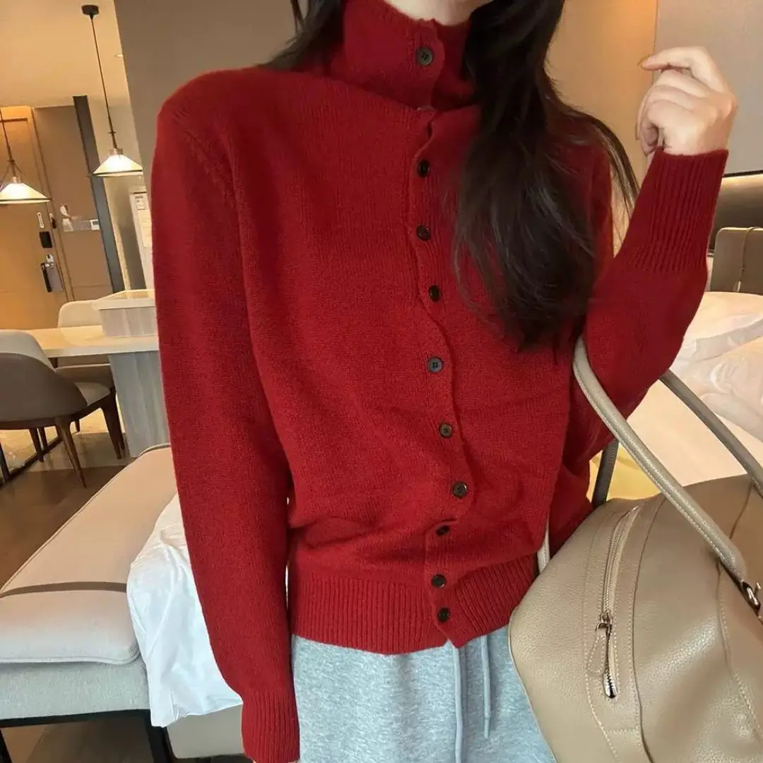 WinvyNee, ropa para mujer, suéteres de lana 100%, cuello alto, manga larga, jerséis con botones sólidos, prendas de punto suaves, Tops de otoño A1683006