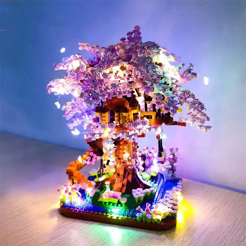 Mini juego de bloques de construcción de árbol Sakura, ladrillos de flor de cerezo artesanal con modelo de casa de árbol ligera, adorno, regalo romántico para novia
