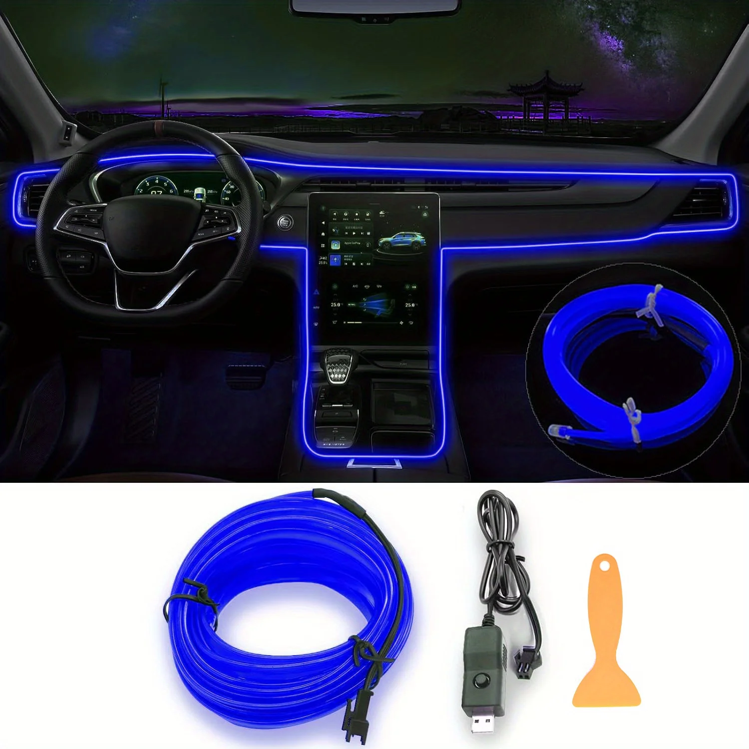 Tiras de luces LED para coche, Kit de iluminación ambiental de neón USB de 196,85 pulgadas con interruptor silencioso para decoraciones interiores de coche