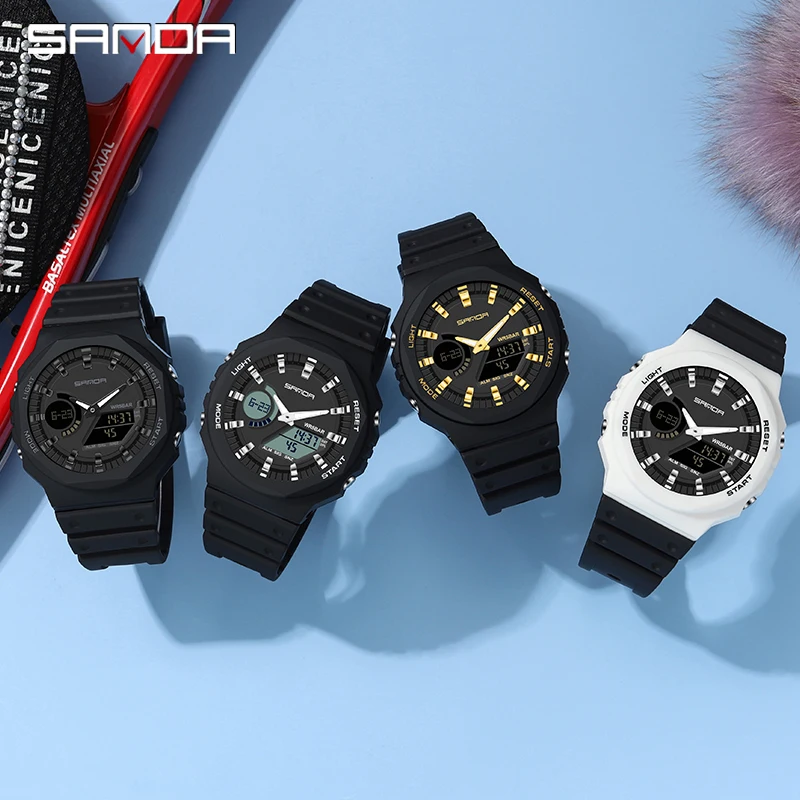 SANDA-reloj deportivo militar para hombre, cronógrafo de cuarzo, resistente al agua, con pantalla Dual LED, Digital