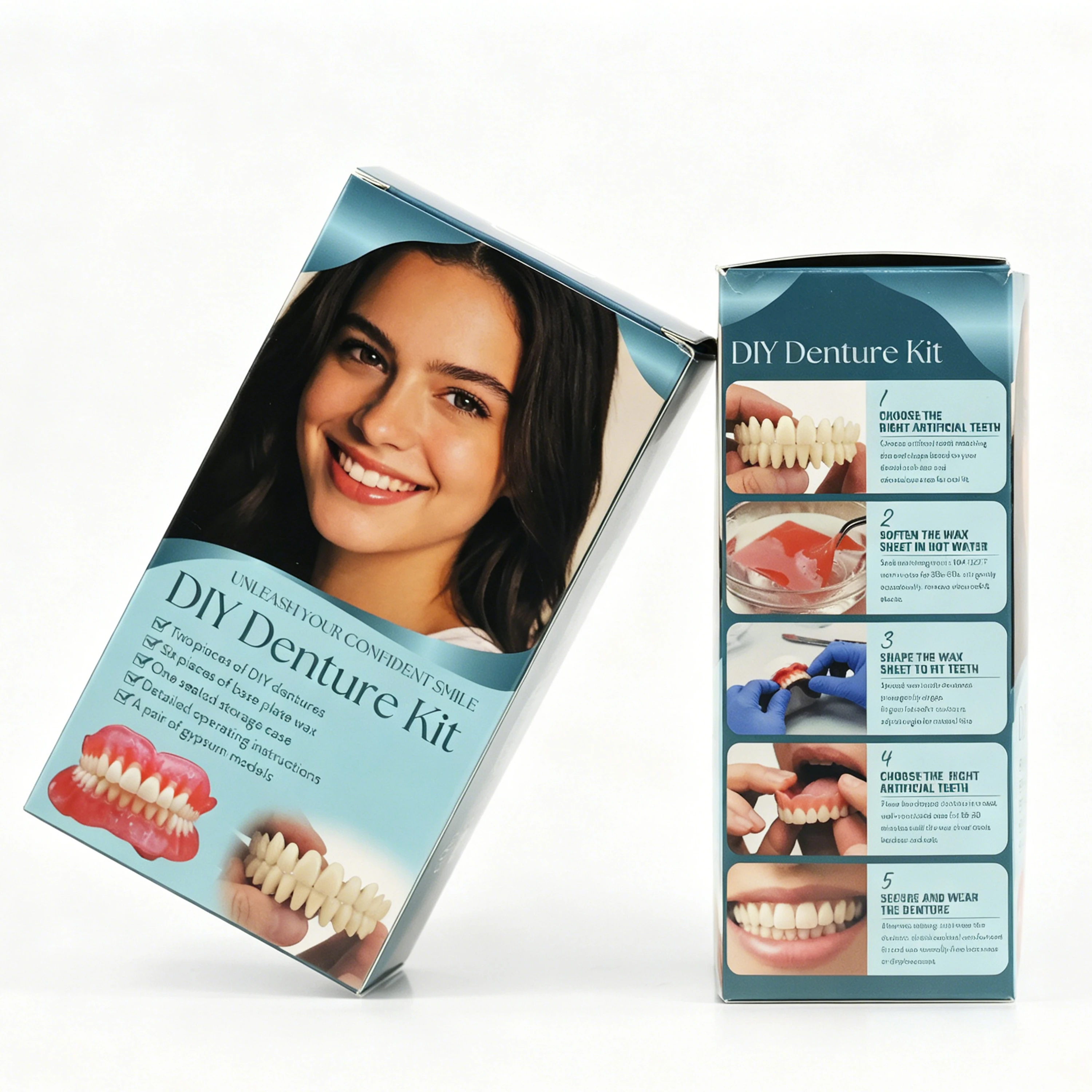 Kit de Dentadura Postiza Temporal DIY con Dientes Superiores e Inferiores, Tiras de Cera y Modelos de Yeso, Herramienta Reutilizable para Restauración y Reparación Dental