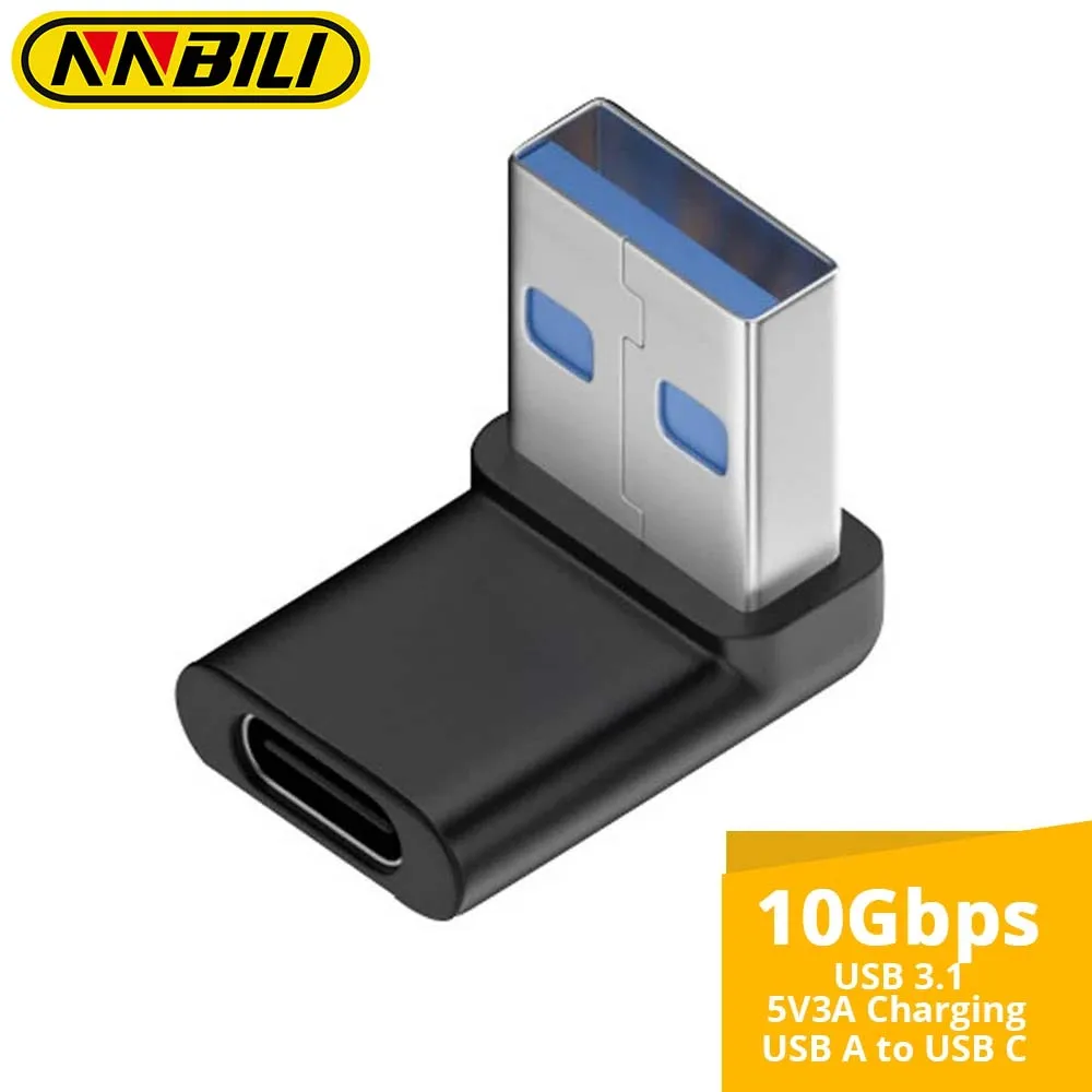 Adaptador USB NNBILI de ángulo recto, ángulo arriba y abajo de 90 grados, conector USB 3,0 macho a hembra tipo C para ordenador portátil, tableta y teléfonos
