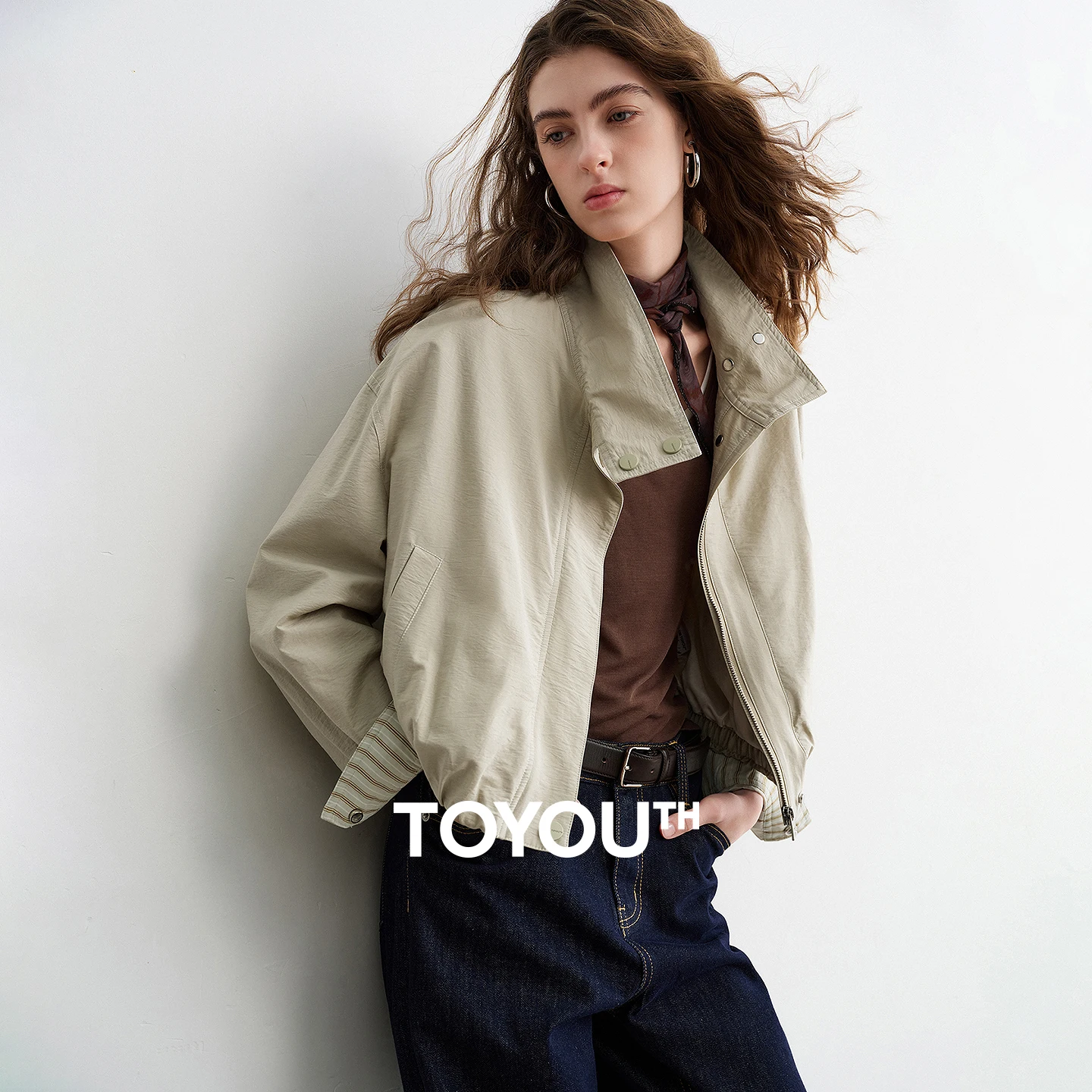 TOYOUTH Chaquetas de algodón flameado para mujer primavera 2026 nueva silueta recortada de tulipán puño a rayas-tops con cuello levantado