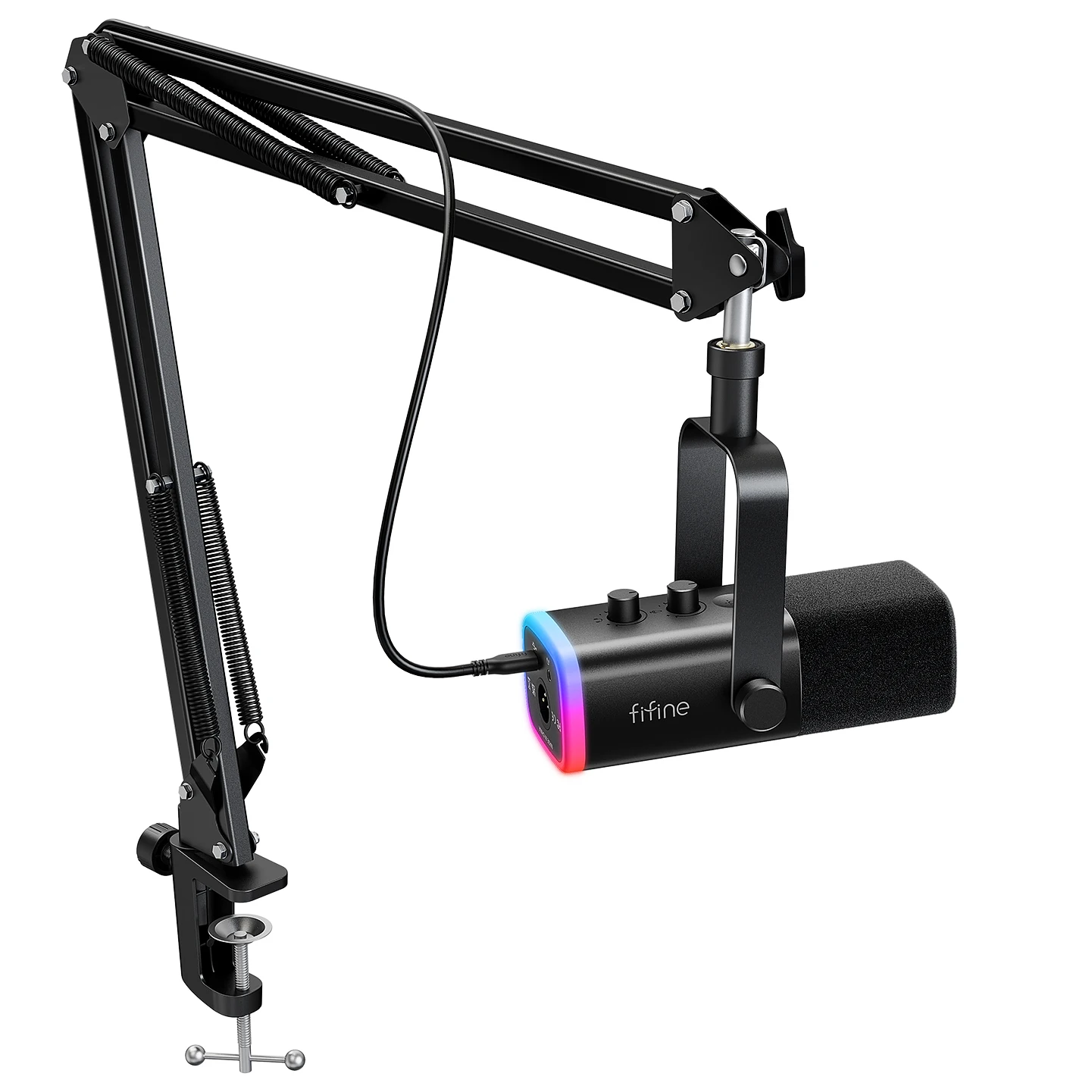 Kit de micrófono para juegos FIFINE XLR/USB con conector para auriculares/silencio/RGB/soporte de brazo, juego de micrófono dinámico para PC PS5/4 mezclador amplificador AM8T