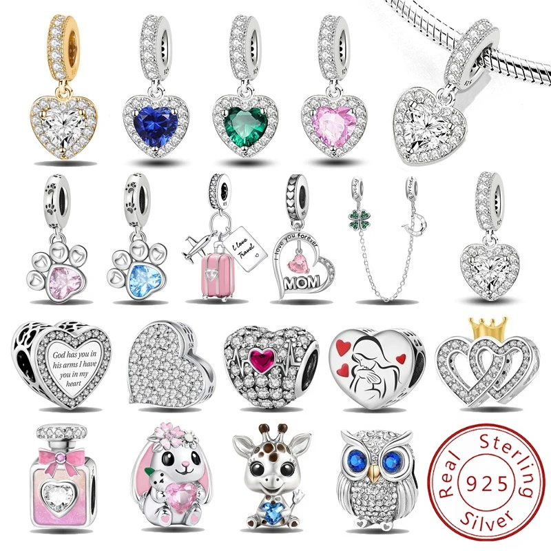 Colgantes de plata de ley 925 con circonita, abalorios de corazón rojo con forma de pata, compatibles con pulseras y brazaletes originales, joyería fina DIY para mujer