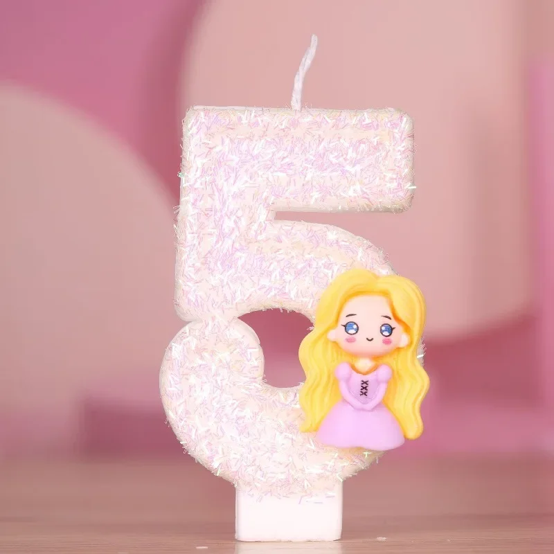 Vela Digital 3D con Números del 0 al 9, Princesa Rapunzel, Rosa, con Destellos, Mini Artículos de Fiesta para Juguetes, 7.5X4CM