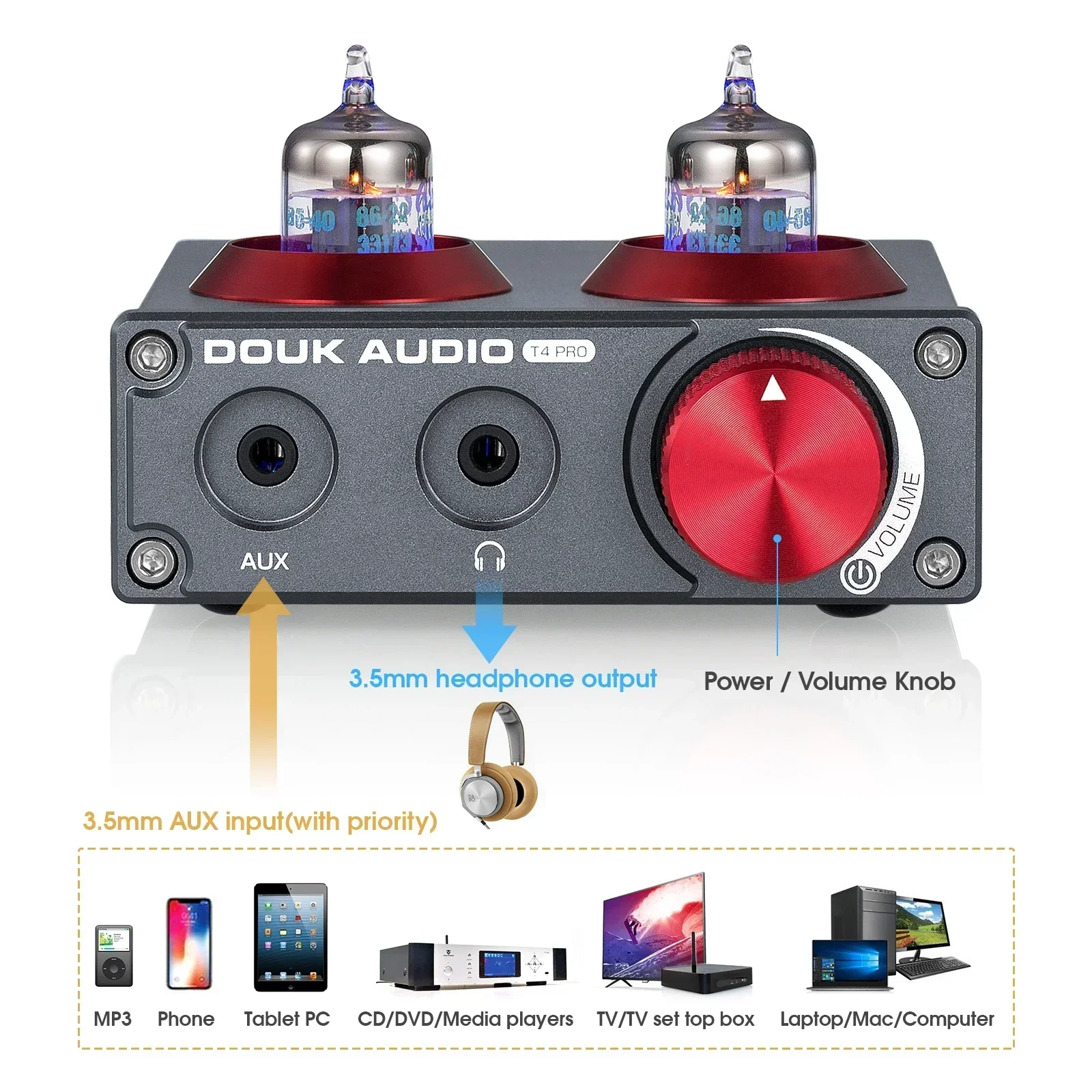 Preamplificador de Audio Douk Audio Mini con Válvulas, Amplificador de Auriculares, Preamplificador de Audio Estéreo HiFi para Teléfono/Tocadiscos/MP3
