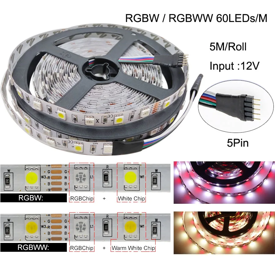 Tira de LED 5050 DC 12V 24V RGB blanco cálido 5 metros impermeable raya de luz Flexible 60LED/cinta pigmentada Luces lámpara cinta TV retroiluminación