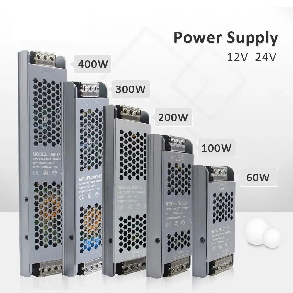 MJJC Unidad de fuente de alimentación 12V 24V 60W 100W 200W 300W 400W 110V 220V 230V AC a 12 24 voltios DC Controlador de tira LED Transformador de iluminación