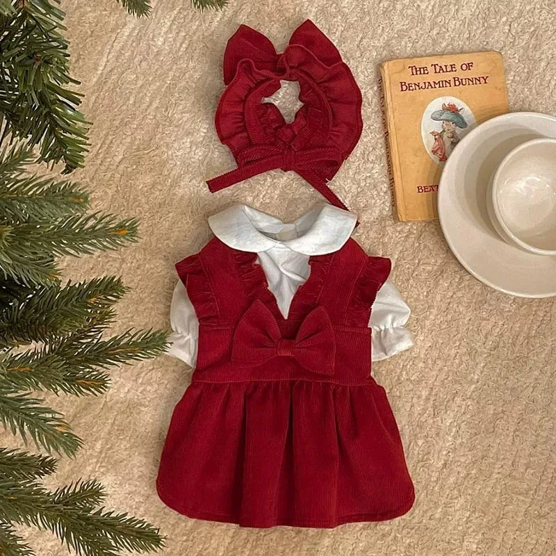 Conjunto de vestido con lazo para cachorro, ropa cálida de invierno para perros, vestido de princesa de Navidad para mascotas, falda de Color sólido de peluche, enviar Clip