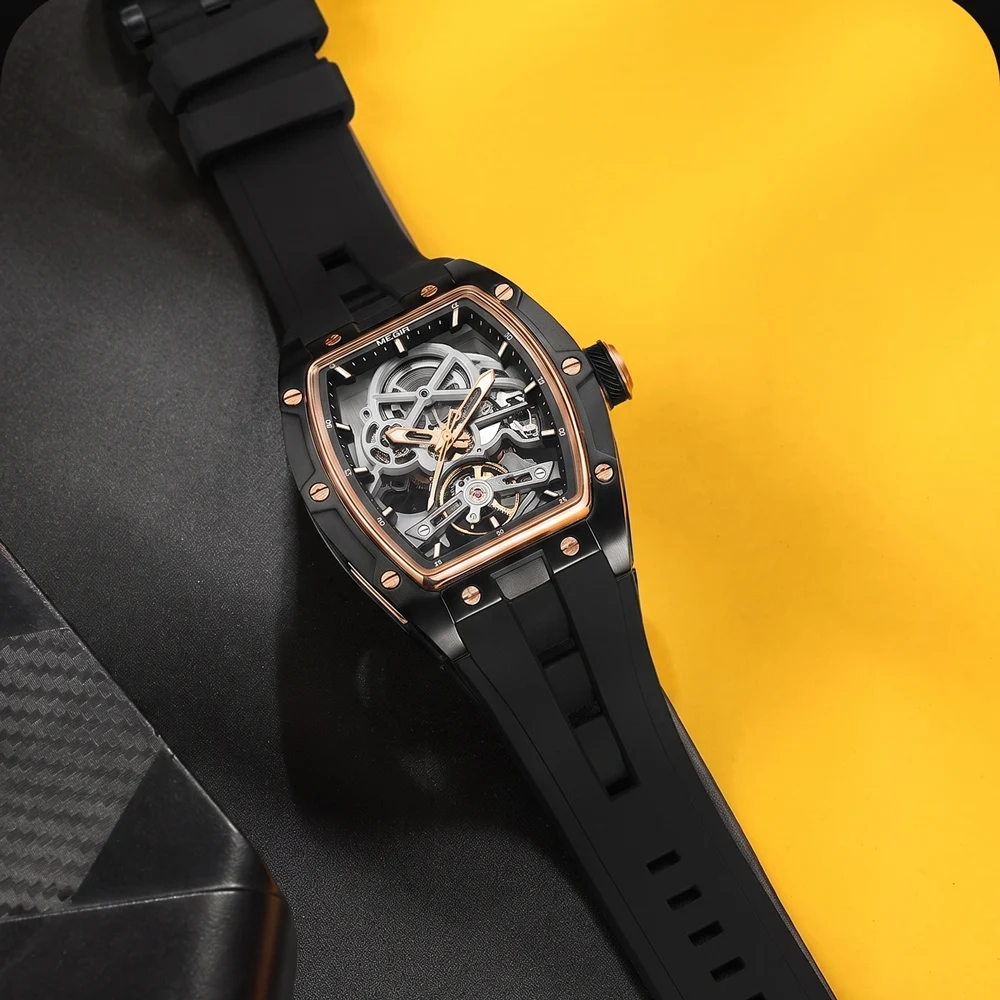 Reloj Mecánico MEGIR Tonneau Skeleton para Hombre, Reloj de Pulsera Deportivo con Correa de Silicona, Esfera Hueca de Lujo, Relojes Mecánicos Automáticos para Hombre