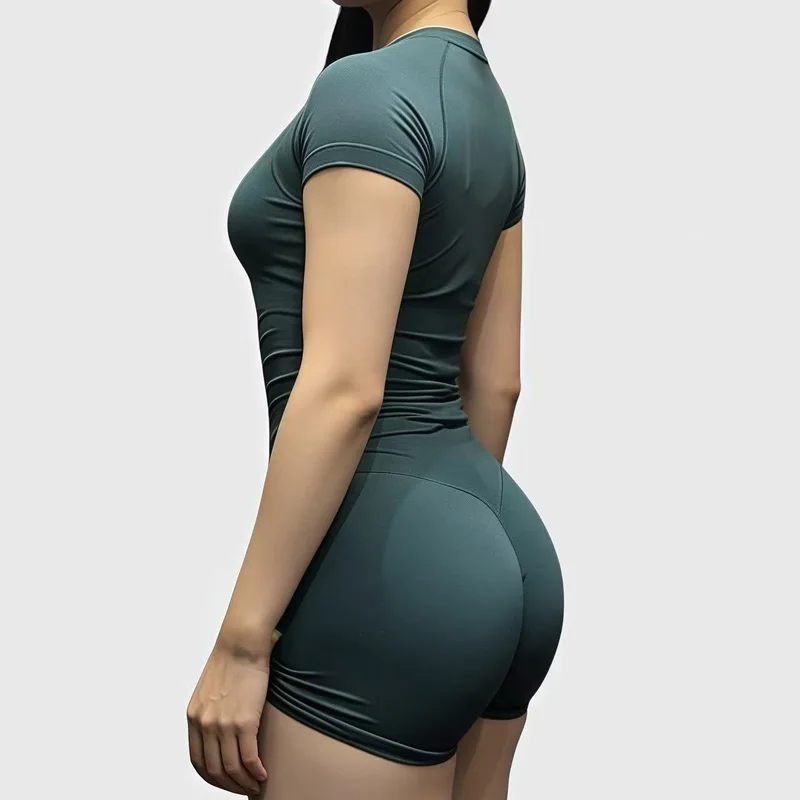 Conjunto Deportivo de 2 Piezas para Mujer, Conjunto de Yoga sin Costuras, Ropa Deportiva para Gimnasio, Top de Manga Corta, Leggings Cortos Deportivos