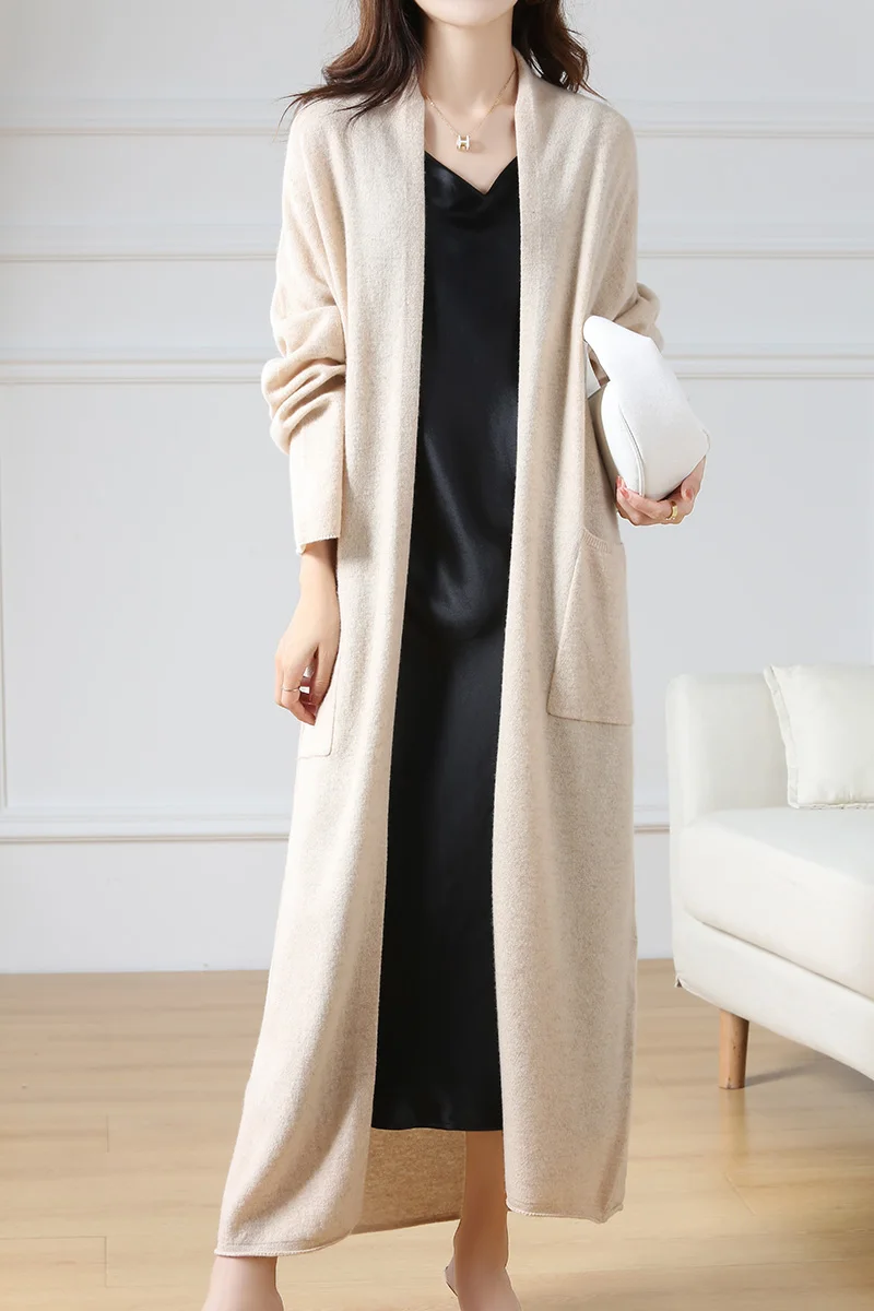 Gran oferta Otoño Invierno nuevo cárdigan de lana de 100% suéter de mujer con cuello en V sólido moda larga femenina suelta suave abrigo de punto de gran tamaño