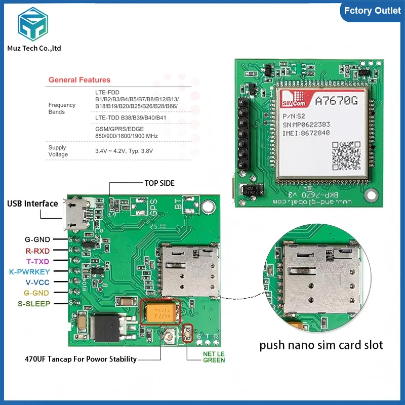 Kits de desarrollo de placa base con ranura SIM lateral A7670G Push Nano, bandas globales, módulo SIMCOM 4G LTE Cat 1, kit de conexión con antena