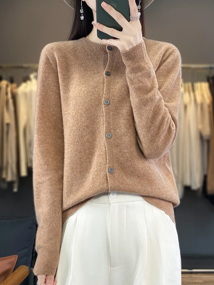 Suéter de lana merina de 100% para mujer, cárdigan con cuello redondo, prendas de punto con botones de estilo básico, Tops suaves informales para Otoño e Invierno