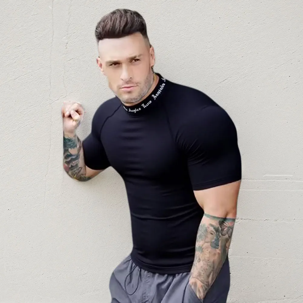 Camiseta de manga corta de compresión informal de secado rápido para culturismo para hombre, ropa deportiva para gimnasio, camiseta de entrenamiento para correr