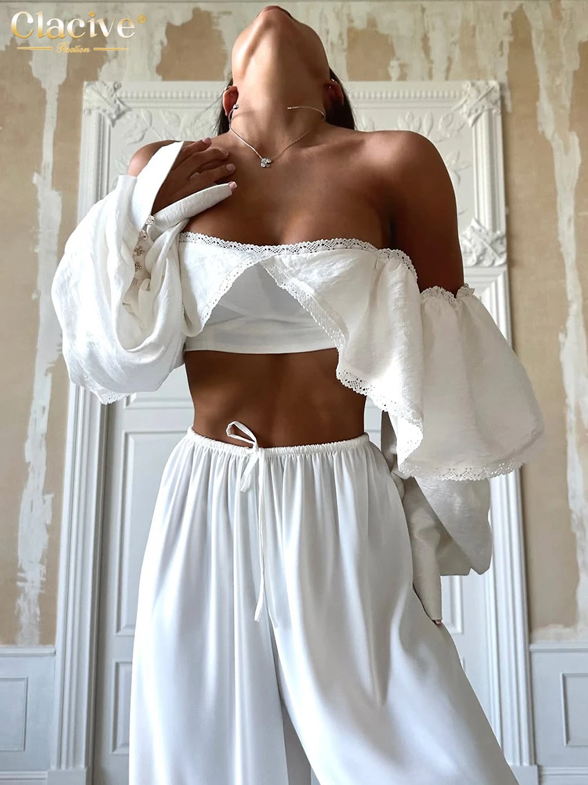 Clacive-Top blanco ajustado para mujer, Top corto de manga larga con cuello cuadrado a la moda, Tops lisos clásicos elegantes, ropa femenina 2025