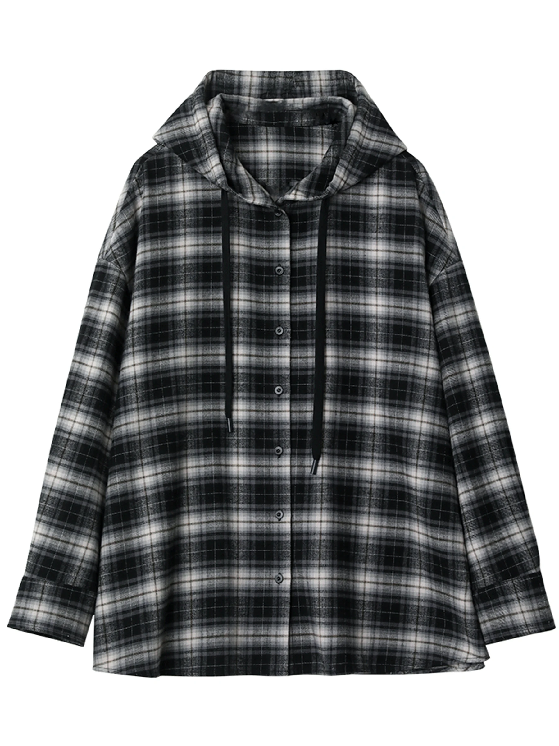 CHIC VEN-camisa coreana para mujer, blusas a cuadros con capucha cepilladas de algodón, abrigo femenino de gran tamaño de manga larga, Otoño Invierno 2025