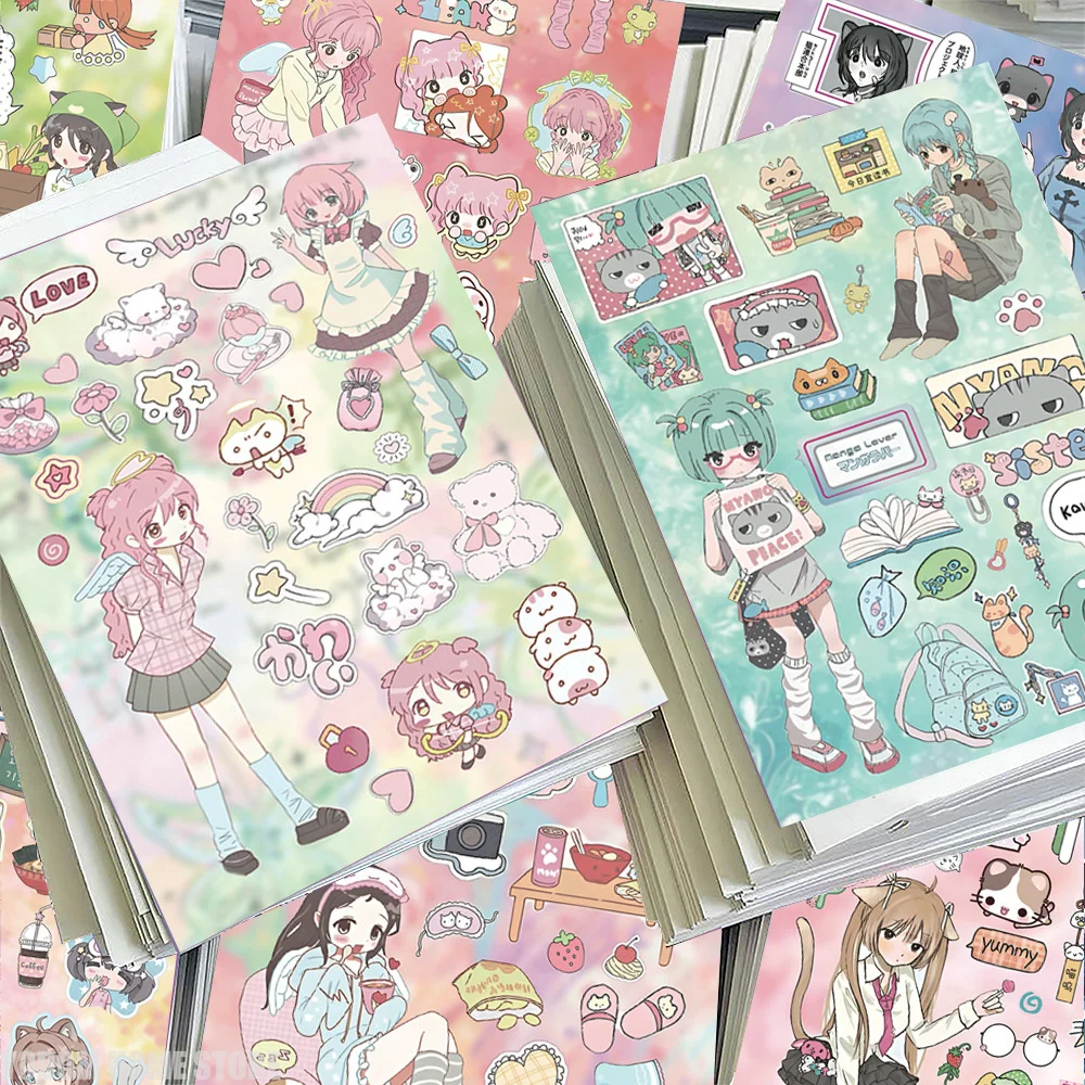 8 Hojas de Adhesivos con Dibujos Animados de Chicas Anime para Manualidades, Suministros de Scrapbooking, Material Kawaii