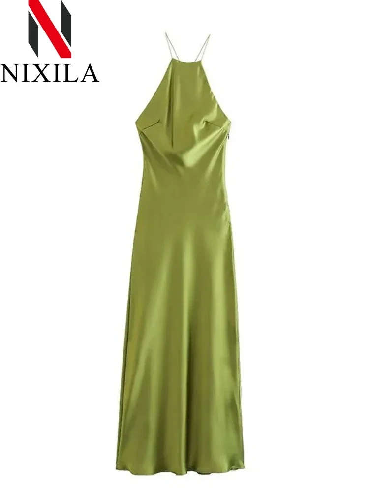 Primavera Verano mujer sin mangas Maxi vestido satén sensación estilo americano europeo Sexy banquete vestido de noche ropa