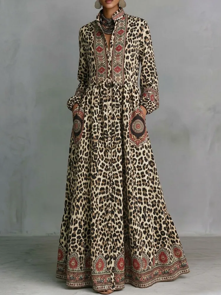 UOOZEE 2026 Vestido Maxi Étnico Vintage con Estampado de Leopardo para Mujer, Mangas Largas, Cintura Alta, Elegante Vestido Camisero de Noche con Cuello Alto
