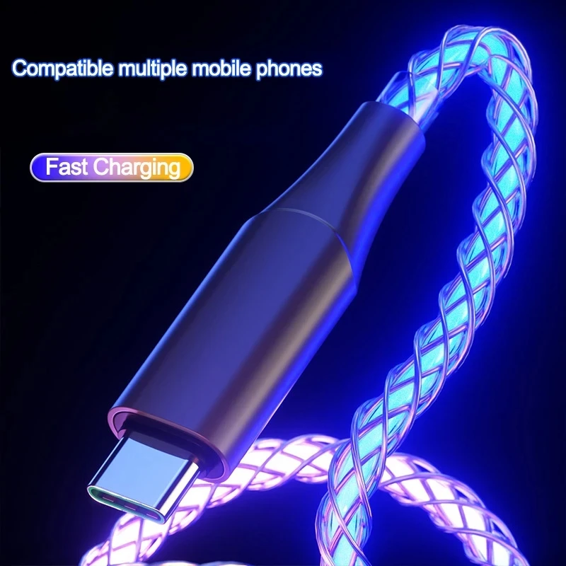 Cable de datos de carga rápida para móvil, cargador de TYPE-C de 66W, con luz RGB de 6A, para iPhone 15 Pro, Huawei y Samsung