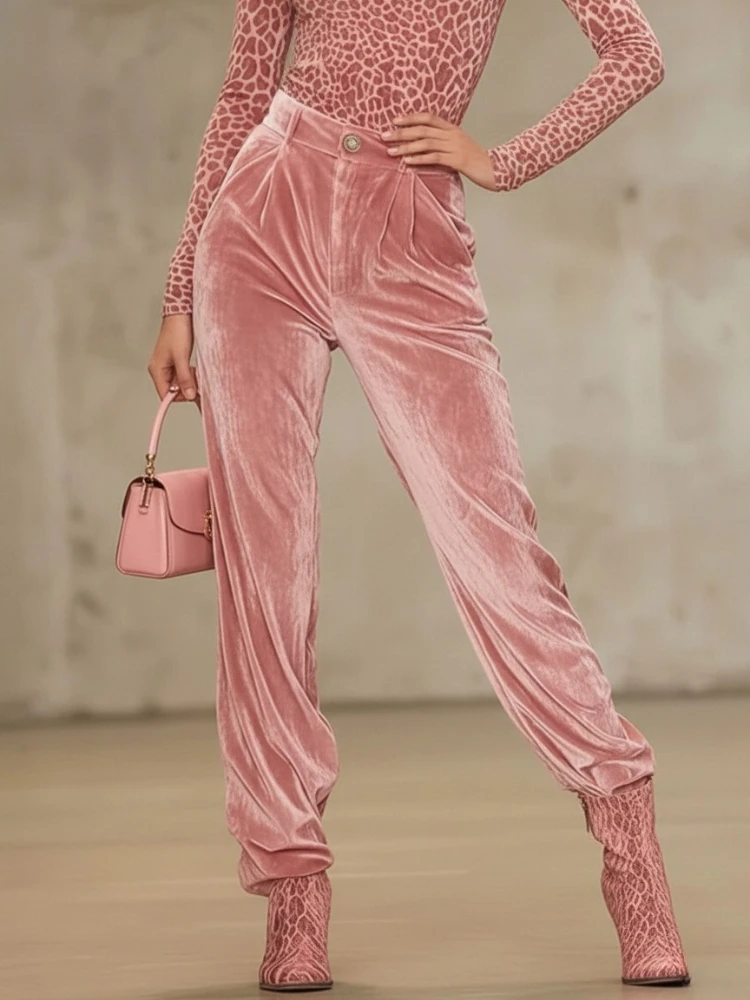 Pantalones de Terciopelo Rosa de Cintura Alta para Mujer Bonboho, Pantalones Largos Holgados con Botones, Pantalones Plisados Elegantes 2026, Prendas Inferiores a Juego
