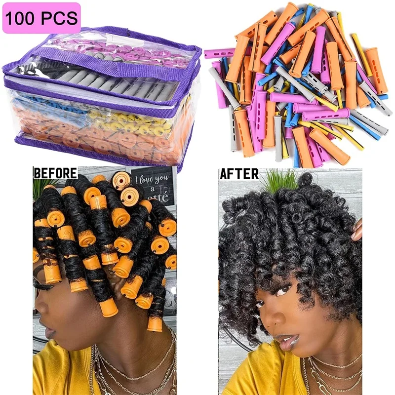 Juego de varillas permanentes de 100 piezas, rodillos de ondas frías de 5 tamaños para peinado y peluquería con rizador natural (naranja, morado, gris, azul, amarillo)
