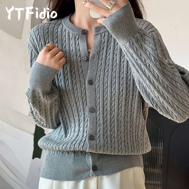 YTFidio 100% de algodón para mujer, cárdigan liso con flores retorcidas y cuello redondo, ropa de diseñador de lujo, jersey para mujer, Tops femeninos 392