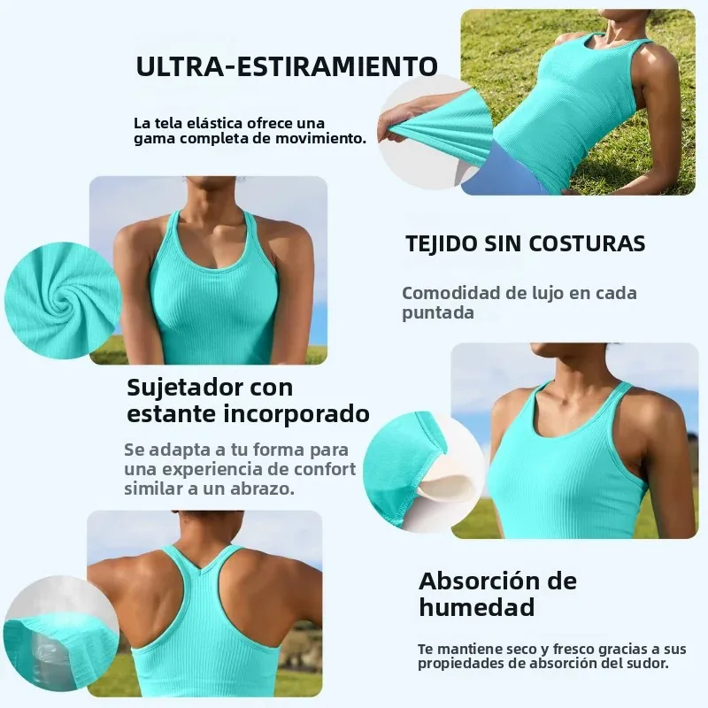 Anfilia-camisetas sin costuras para mujer, camisetas sin mangas para Yoga, sujetadores incorporados, tejido elástico alto acanalado, espalda cruzada, longitud de cadera, cuello redondo, camisetas de entrenamiento ajust
