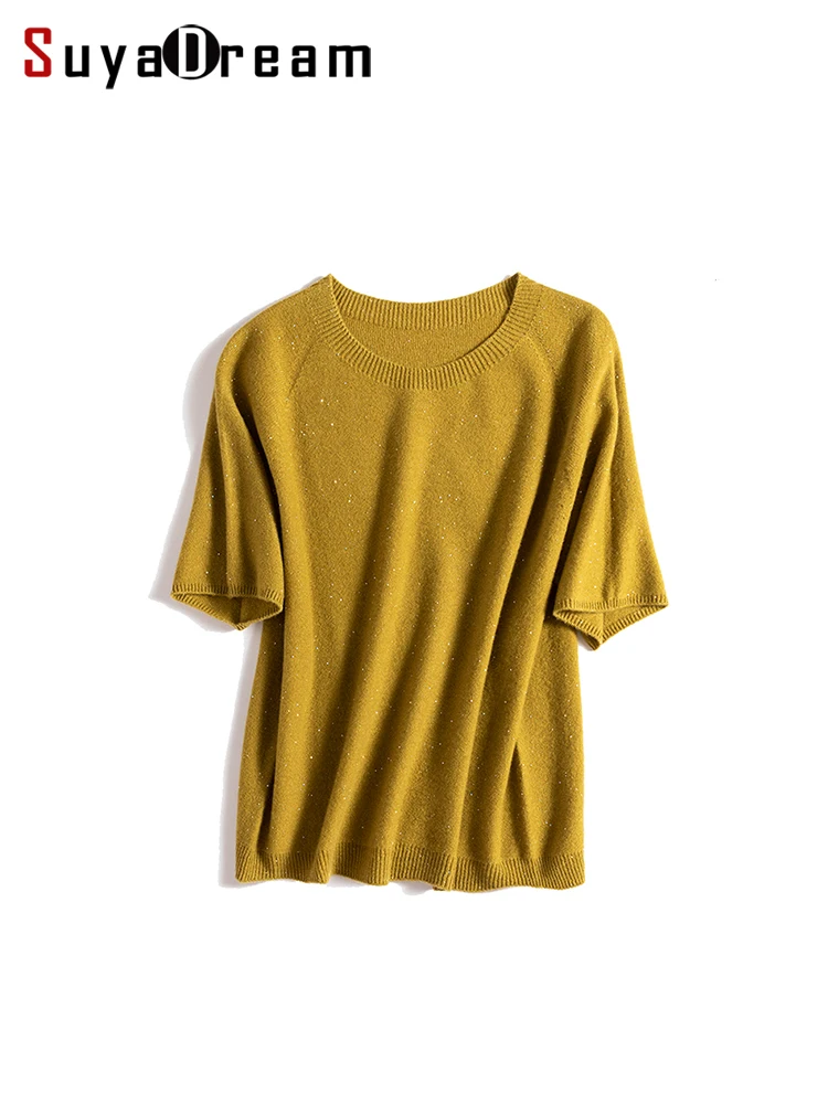 SuyaDream, Jerséis 100% Lana Merino para Mujer, Cuello Redondo, Suéteres de Manga Corta, Top Suave y cálido Otoño Invierno 2025, Rosa, Oliva