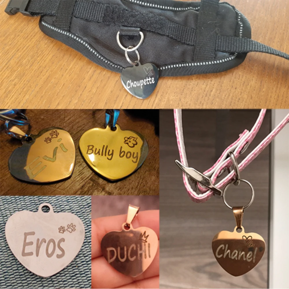 Etiqueta de corazón de identificación de perro, Collar de gato personalizado, colgante grabado, Collar de mascota, cadena, suministros para productos con nombre
